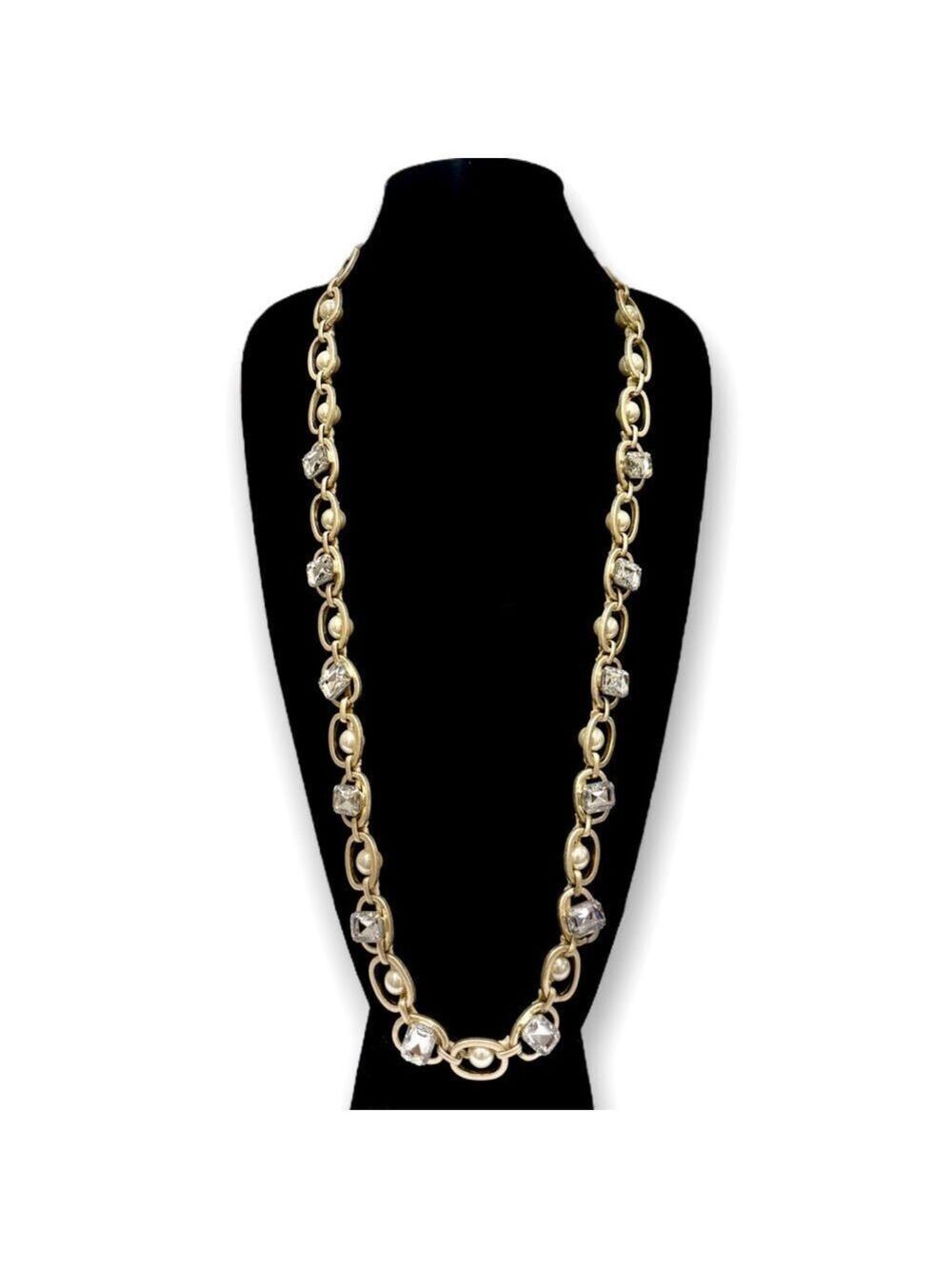 NEIMAN MARCUS Matte Gold Links-Pearls & Large Crystals Statement Necklace | NWT